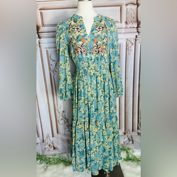 Teal Floral V-Neck Maxi Dress with Embroidered Bodice - Picture 3 of 9